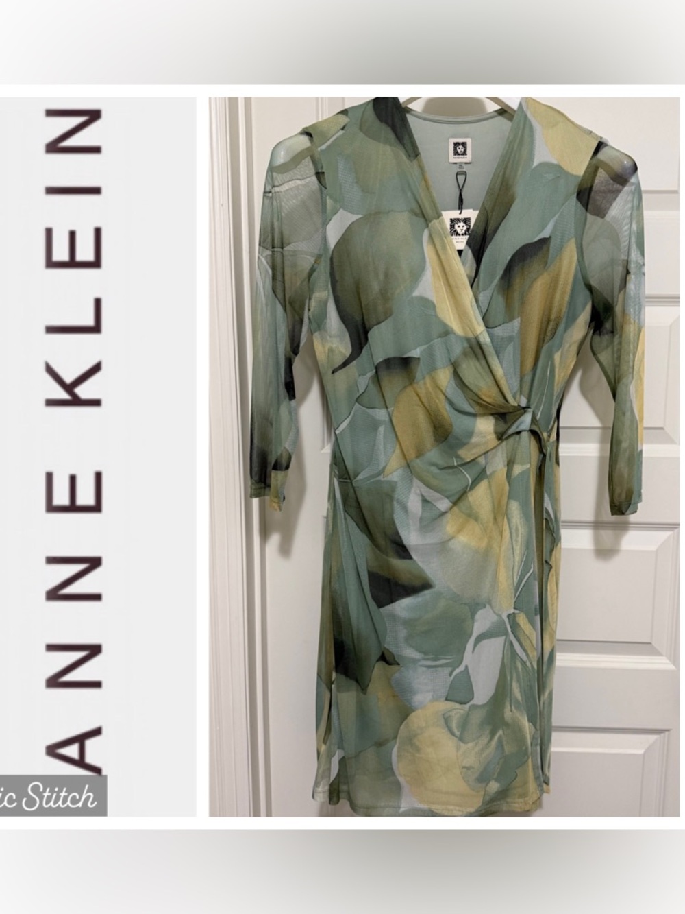 NWT Anne Klein Olive Green Abstract Wrap Dress; PXL